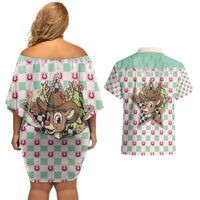 Western Yoke Couples Matching Off Shoulder Short Dress and Hawaiian Shirt Rudolph Cowboy Christmas Retro Style - Wonder Print Shop