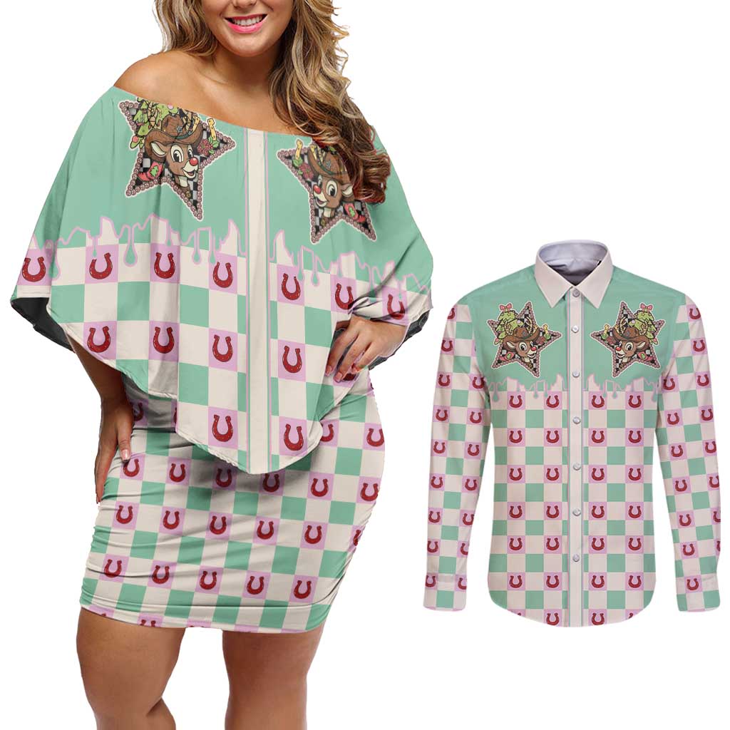 Western Yoke Couples Matching Off Shoulder Short Dress and Long Sleeve Button Shirt Rudolph Cowboy Christmas Retro Style - Wonder Print Shop