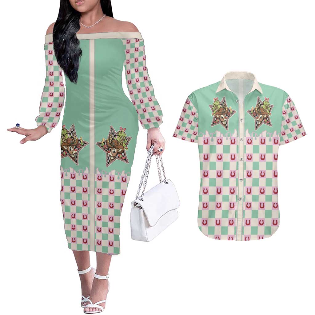 Western Yoke Couples Matching Off The Shoulder Long Sleeve Dress and Hawaiian Shirt Rudolph Cowboy Christmas Retro Style - Wonder Print Shop