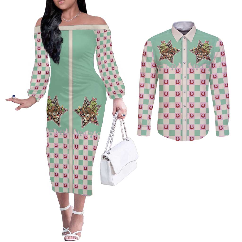 Western Yoke Couples Matching Off The Shoulder Long Sleeve Dress and Long Sleeve Button Shirt Rudolph Cowboy Christmas Retro Style - Wonder Print Shop