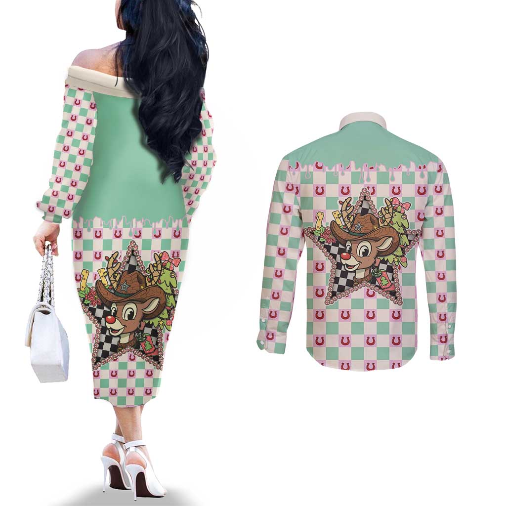 Western Yoke Couples Matching Off The Shoulder Long Sleeve Dress and Long Sleeve Button Shirt Rudolph Cowboy Christmas Retro Style - Wonder Print Shop
