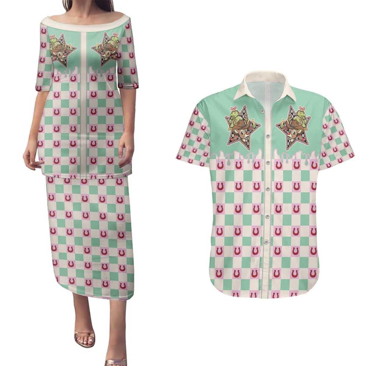 Western Yoke Couples Matching Puletasi and Hawaiian Shirt Rudolph Cowboy Christmas Retro Style - Wonder Print Shop