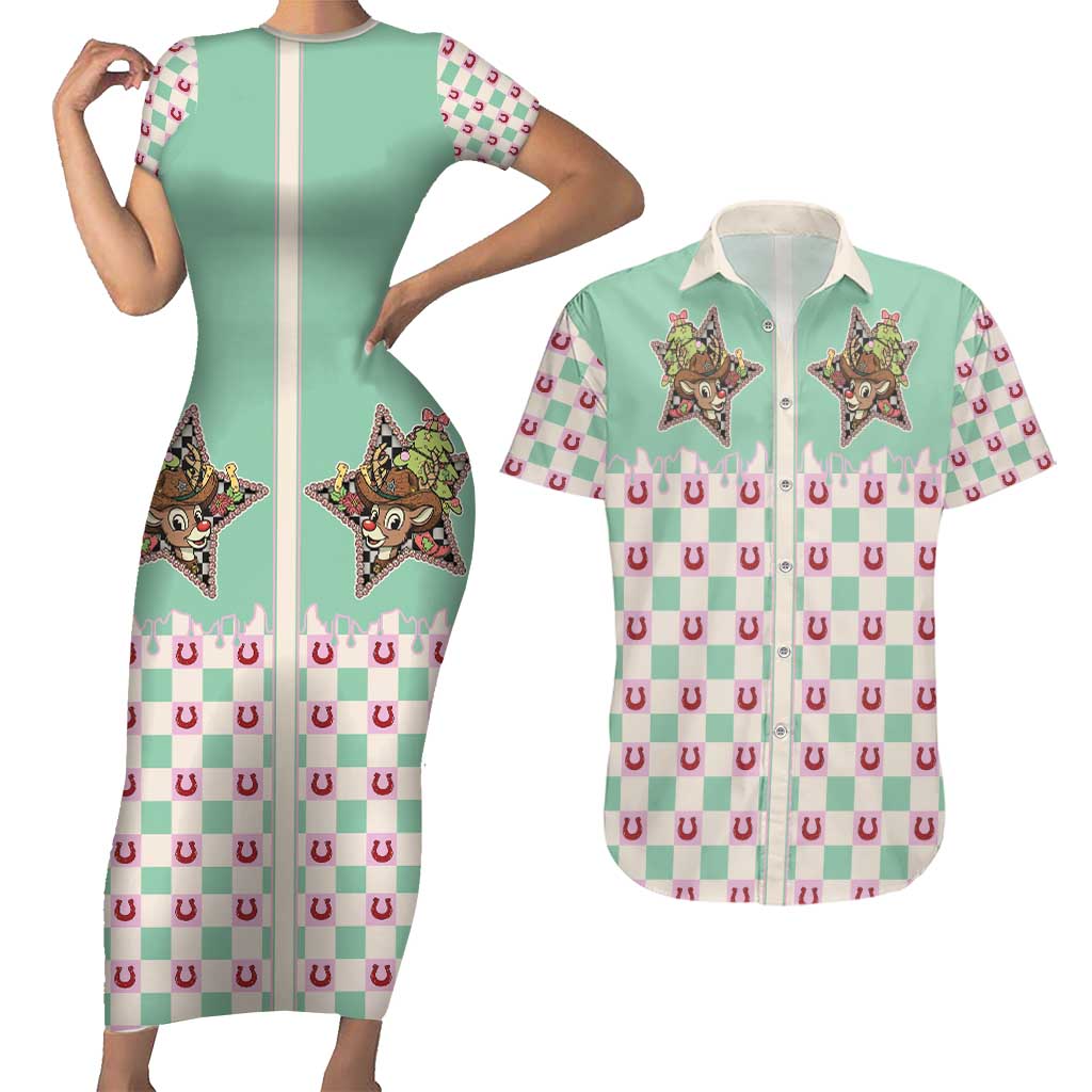 Western Yoke Couples Matching Short Sleeve Bodycon Dress and Hawaiian Shirt Rudolph Cowboy Christmas Retro Style - Wonder Print Shop