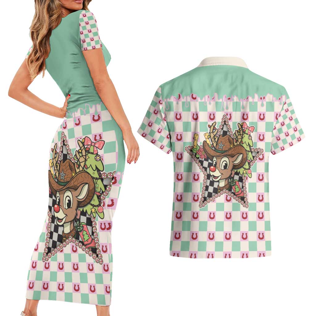 Western Yoke Couples Matching Short Sleeve Bodycon Dress and Hawaiian Shirt Rudolph Cowboy Christmas Retro Style - Wonder Print Shop