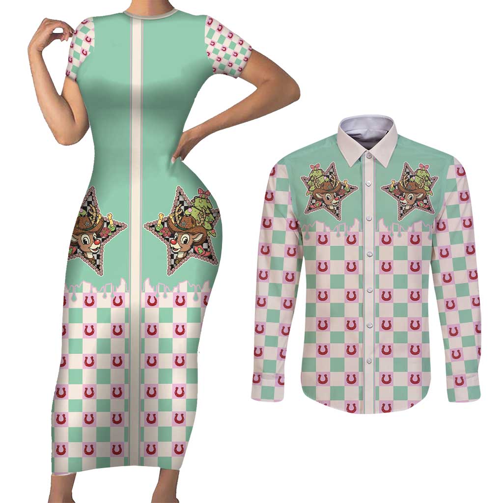 Western Yoke Couples Matching Short Sleeve Bodycon Dress and Long Sleeve Button Shirt Rudolph Cowboy Christmas Retro Style - Wonder Print Shop