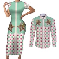 Western Yoke Couples Matching Short Sleeve Bodycon Dress and Long Sleeve Button Shirt Rudolph Cowboy Christmas Retro Style - Wonder Print Shop