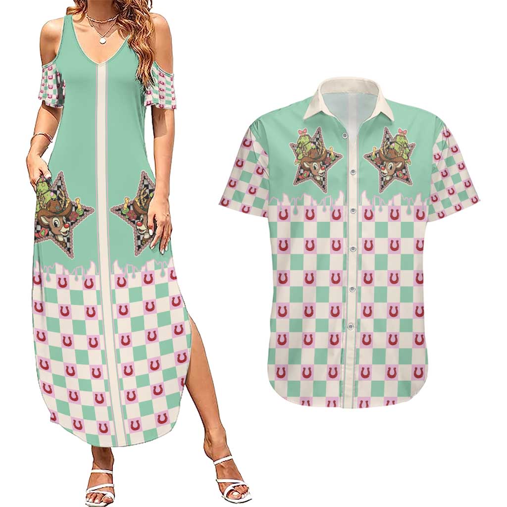 Western Yoke Couples Matching Summer Maxi Dress and Hawaiian Shirt Rudolph Cowboy Christmas Retro Style - Wonder Print Shop