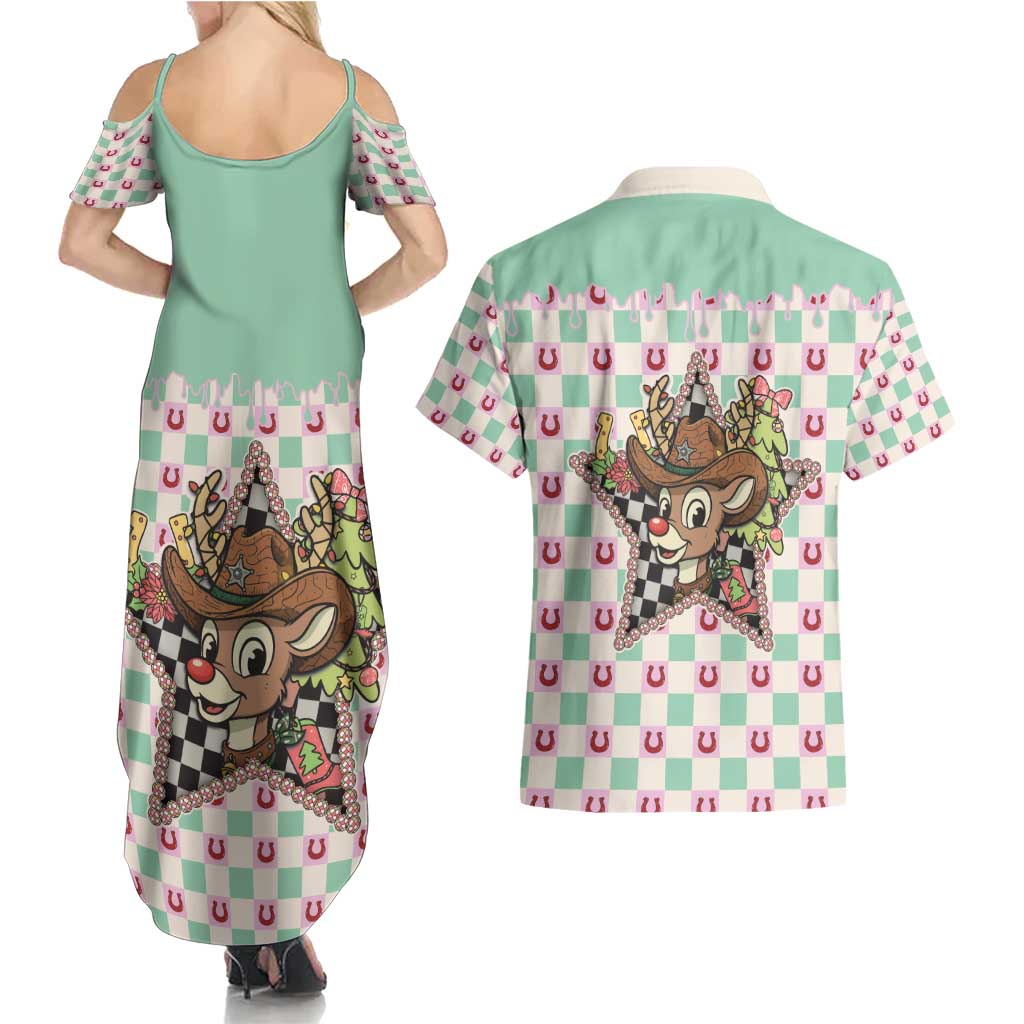 Western Yoke Couples Matching Summer Maxi Dress and Hawaiian Shirt Rudolph Cowboy Christmas Retro Style - Wonder Print Shop