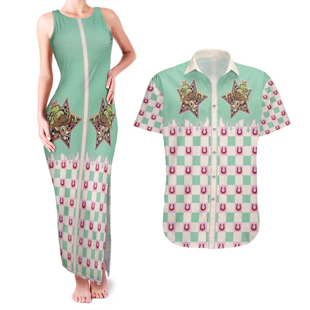 Western Yoke Couples Matching Tank Maxi Dress and Hawaiian Shirt Rudolph Cowboy Christmas Retro Style - Wonder Print Shop
