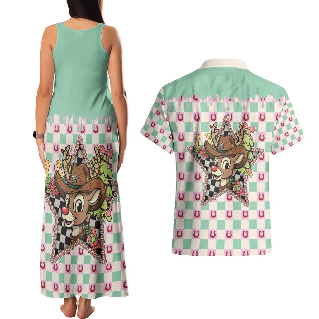Western Yoke Couples Matching Tank Maxi Dress and Hawaiian Shirt Rudolph Cowboy Christmas Retro Style - Wonder Print Shop