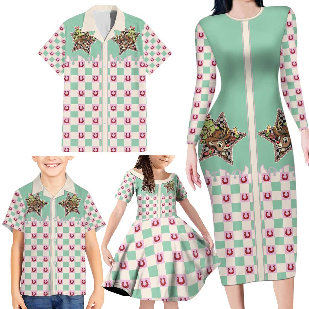 Western Yoke Family Matching Long Sleeve Bodycon Dress and Hawaiian Shirt Rudolph Cowboy Christmas Retro Style - Wonder Print Shop