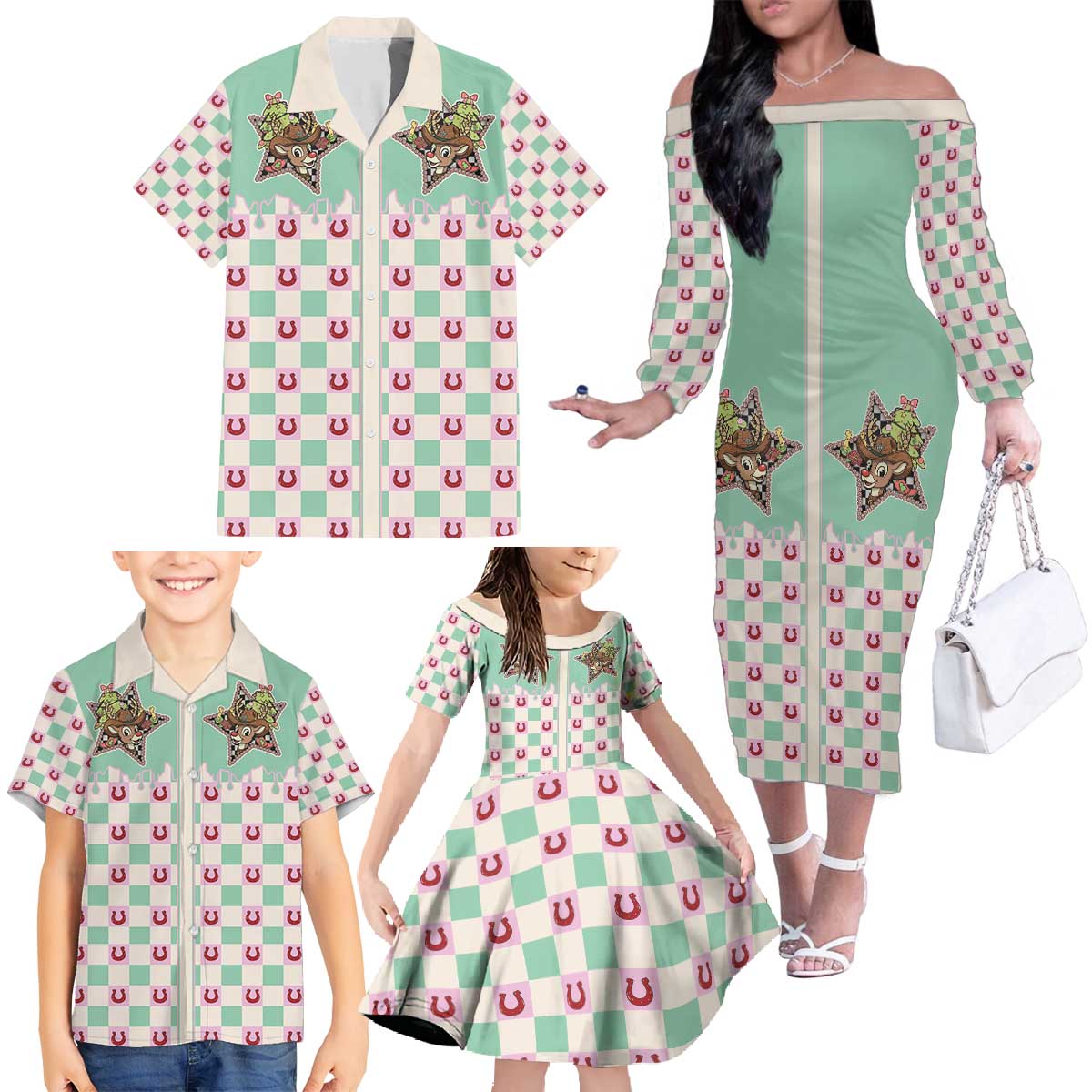 Western Yoke Family Matching Off The Shoulder Long Sleeve Dress and Hawaiian Shirt Rudolph Cowboy Christmas Retro Style - Wonder Print Shop