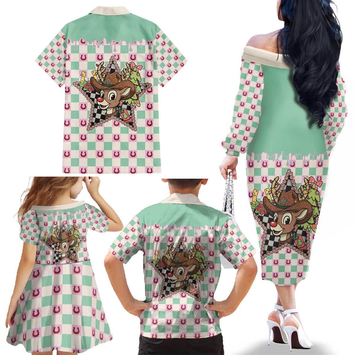 Western Yoke Family Matching Off The Shoulder Long Sleeve Dress and Hawaiian Shirt Rudolph Cowboy Christmas Retro Style - Wonder Print Shop