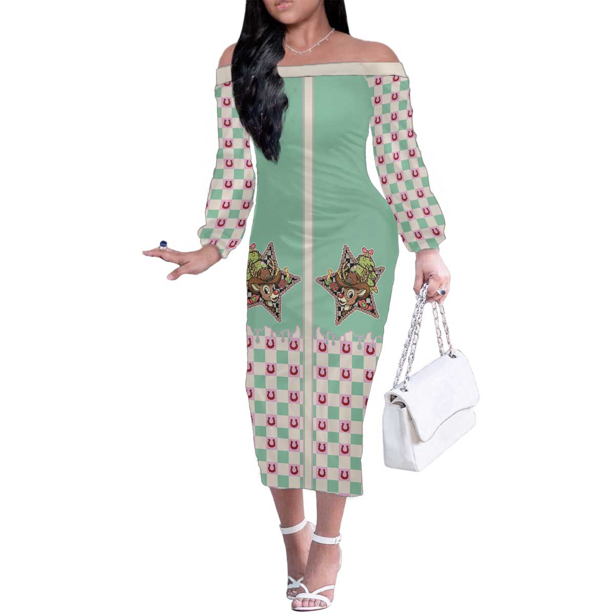 Western Yoke Family Matching Off The Shoulder Long Sleeve Dress and Hawaiian Shirt Rudolph Cowboy Christmas Retro Style - Wonder Print Shop