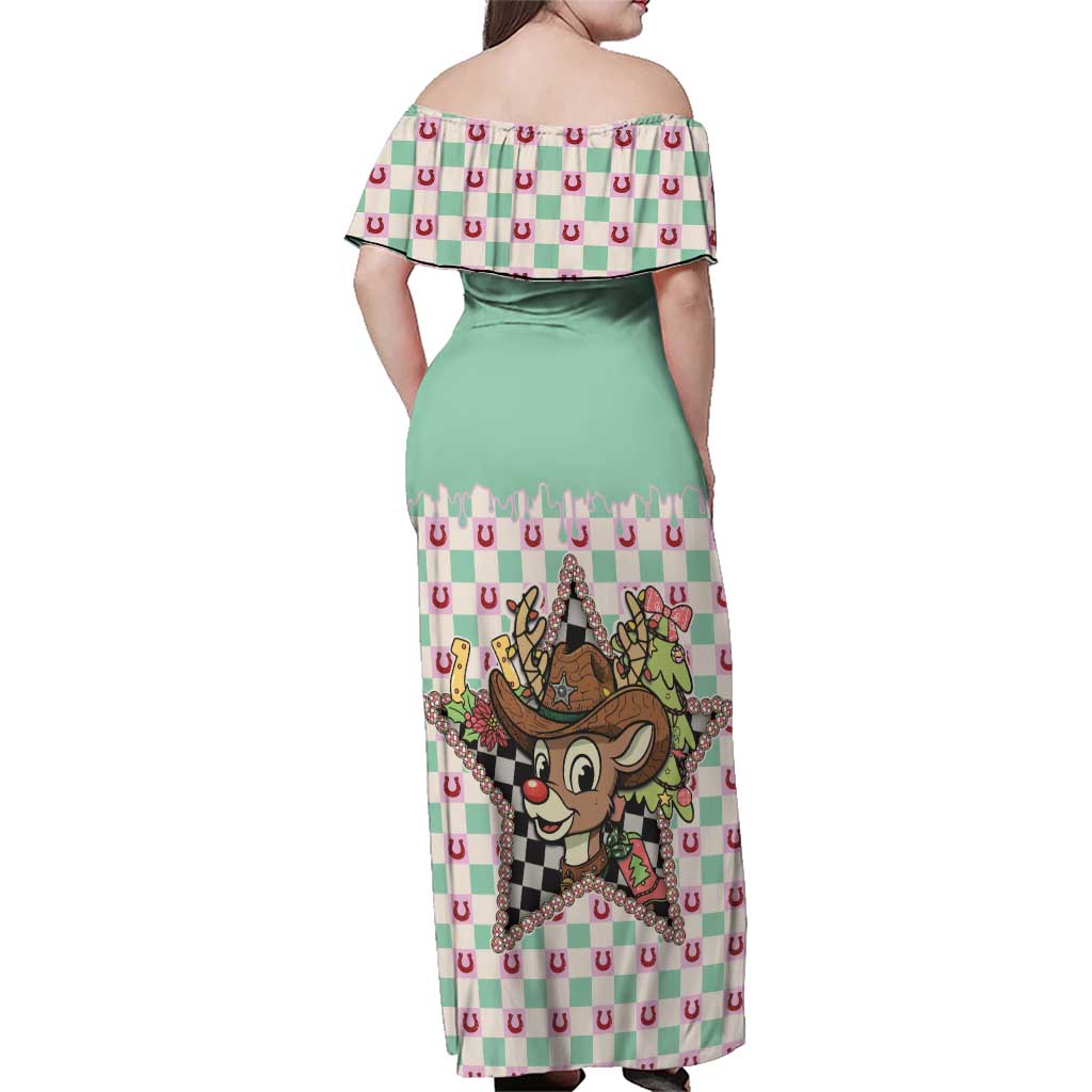 Western Yoke Family Matching Off Shoulder Maxi Dress and Hawaiian Shirt Rudolph Cowboy Christmas Retro Style - Wonder Print Shop