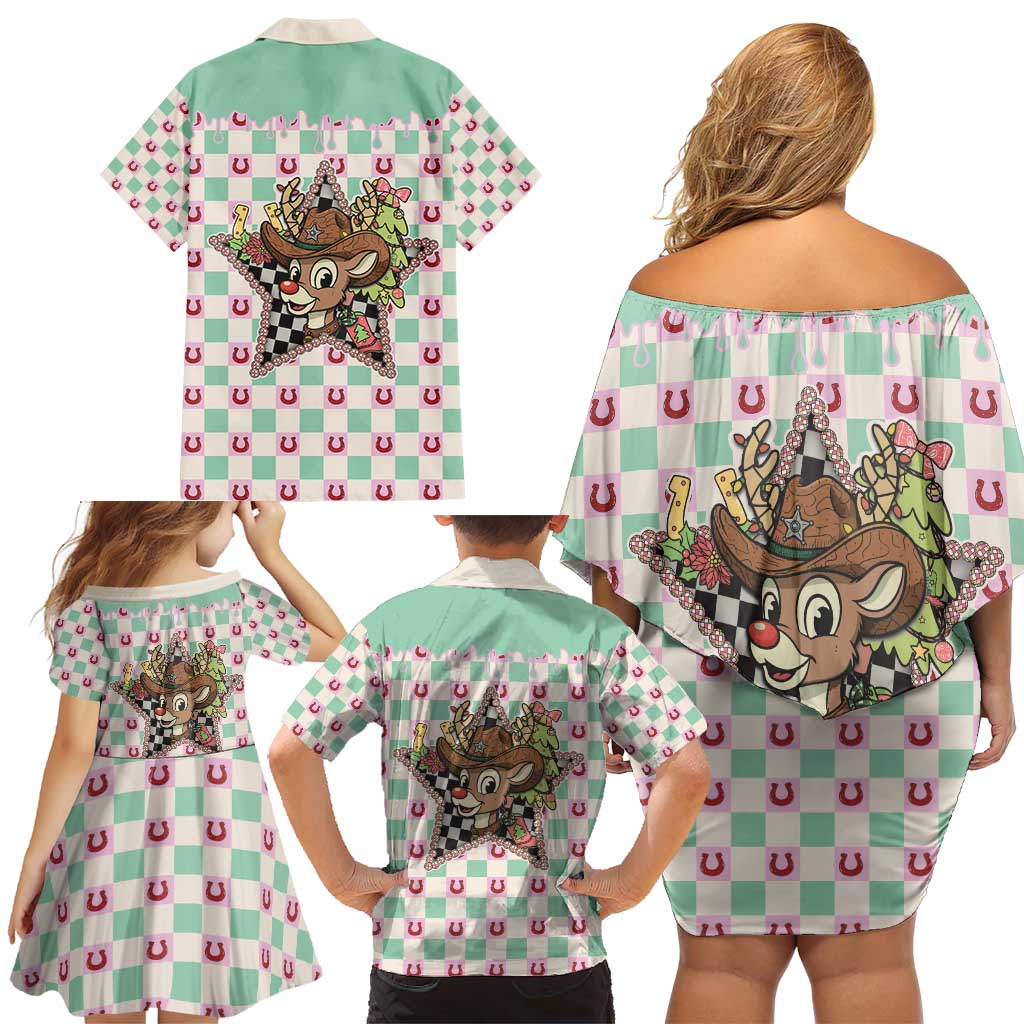 Western Yoke Family Matching Off Shoulder Short Dress and Hawaiian Shirt Rudolph Cowboy Christmas Retro Style - Wonder Print Shop