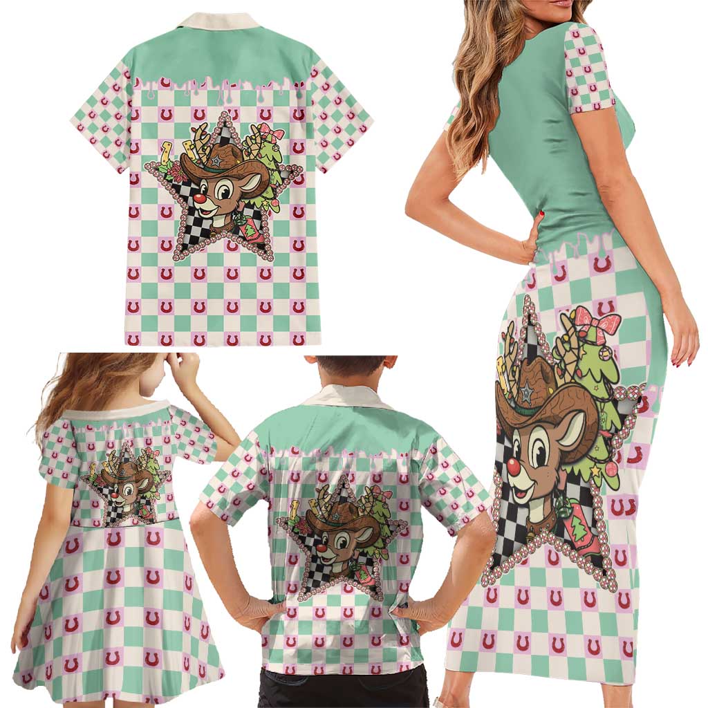 Western Yoke Family Matching Short Sleeve Bodycon Dress and Hawaiian Shirt Rudolph Cowboy Christmas Retro Style - Wonder Print Shop