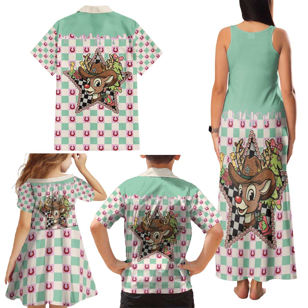 Western Yoke Family Matching Tank Maxi Dress and Hawaiian Shirt Rudolph Cowboy Christmas Retro Style - Wonder Print Shop