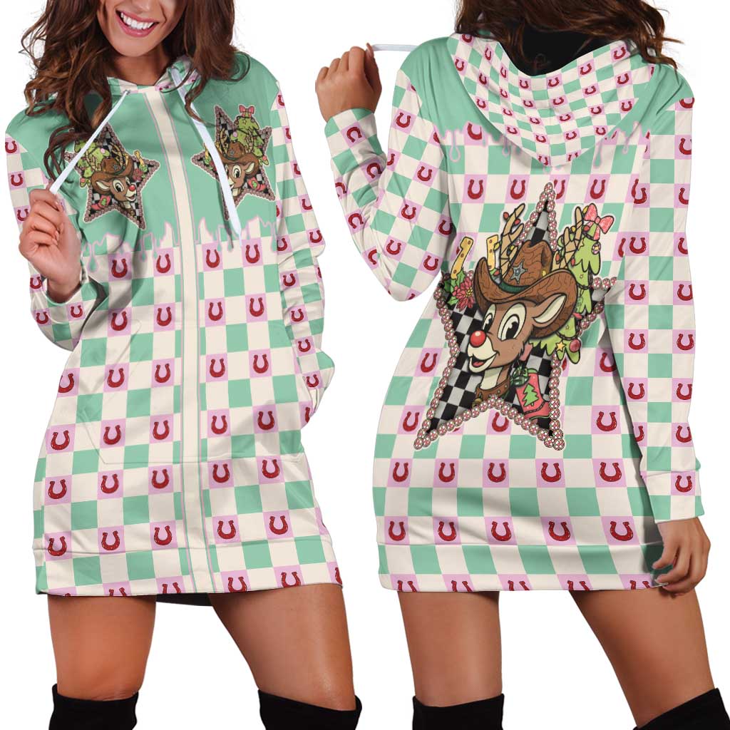 Western Yoke Hoodie Dress Rudolph Cowboy Christmas Retro Style - Wonder Print Shop