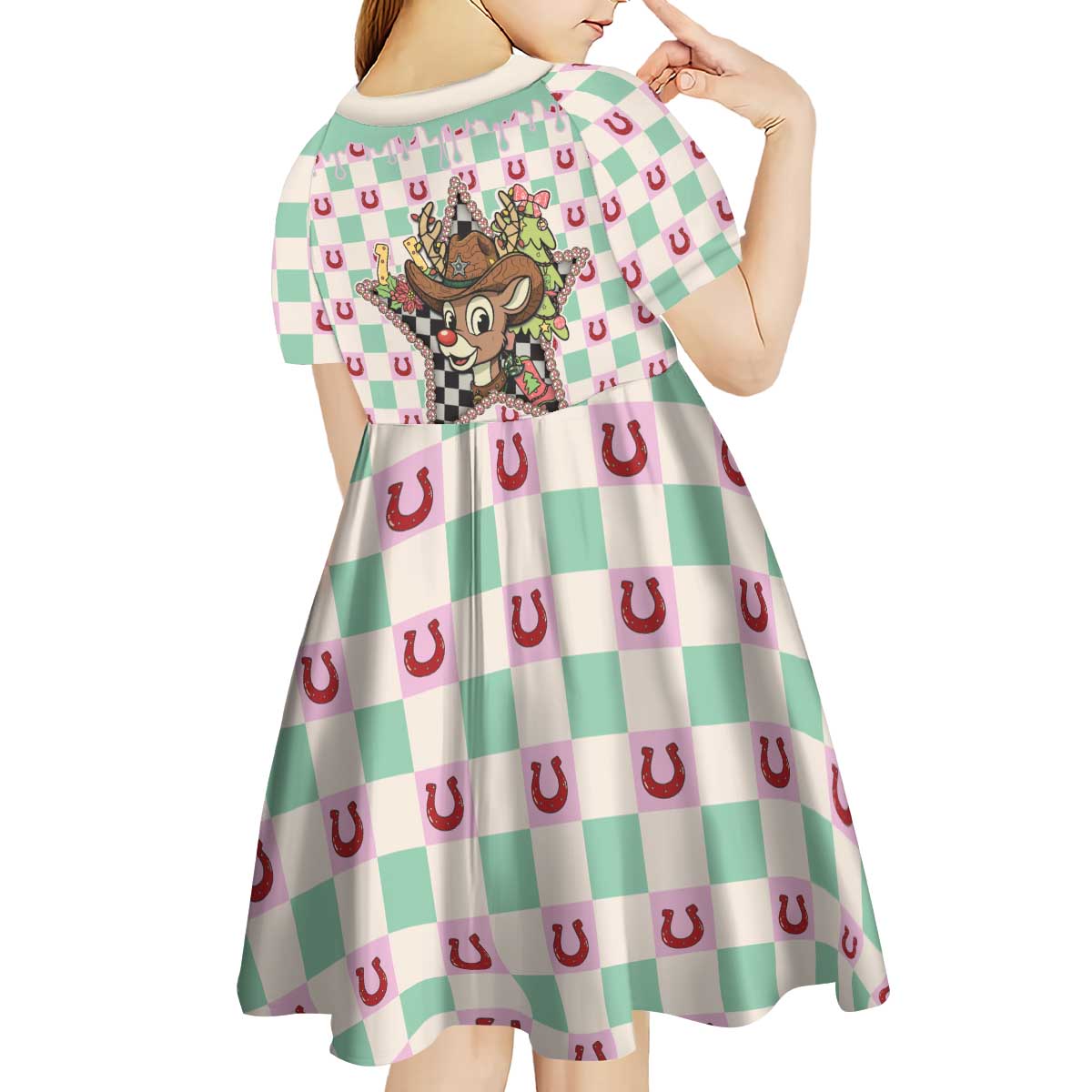 Western Yoke Kid Short Sleeve Dress Rudolph Cowboy Christmas Retro Style - Wonder Print Shop