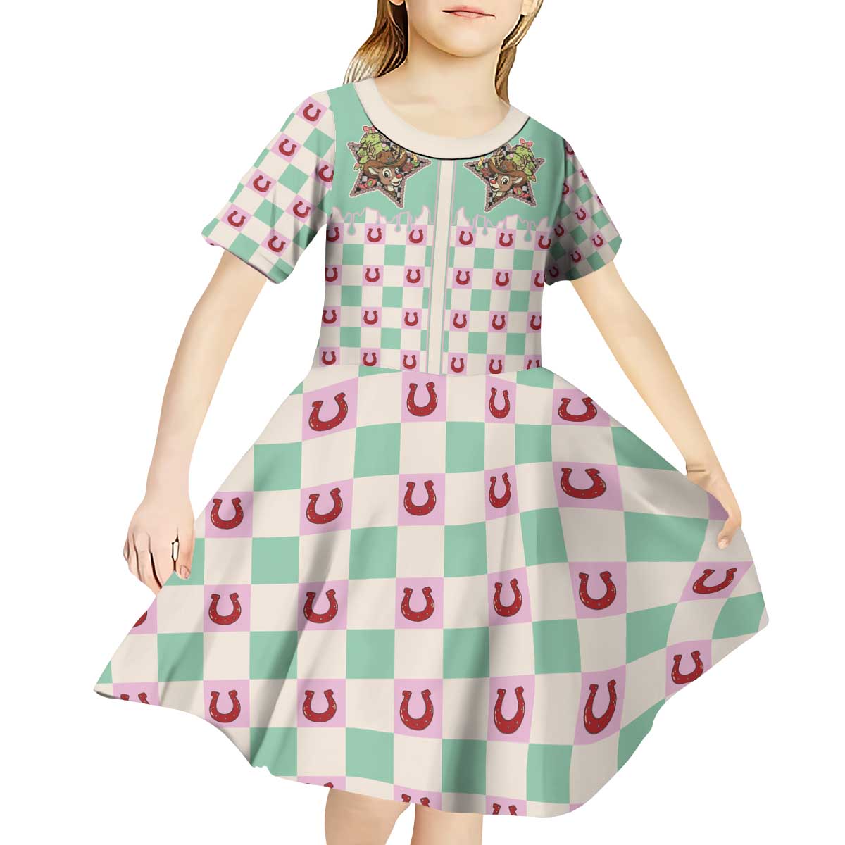 Western Yoke Kid Short Sleeve Dress Rudolph Cowboy Christmas Retro Style - Wonder Print Shop