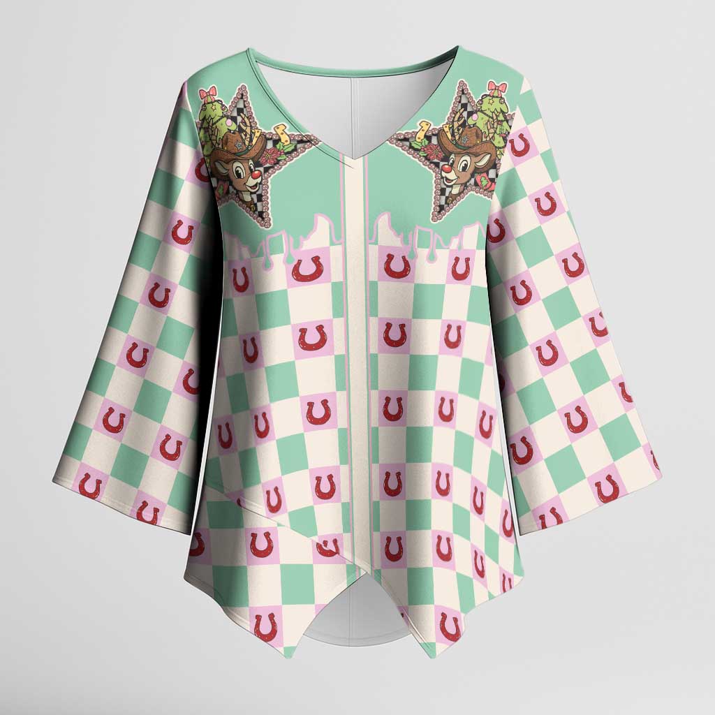 Western Yoke Kimono Sleeve Blouse Rudolph Cowboy Christmas Retro Style - Wonder Print Shop