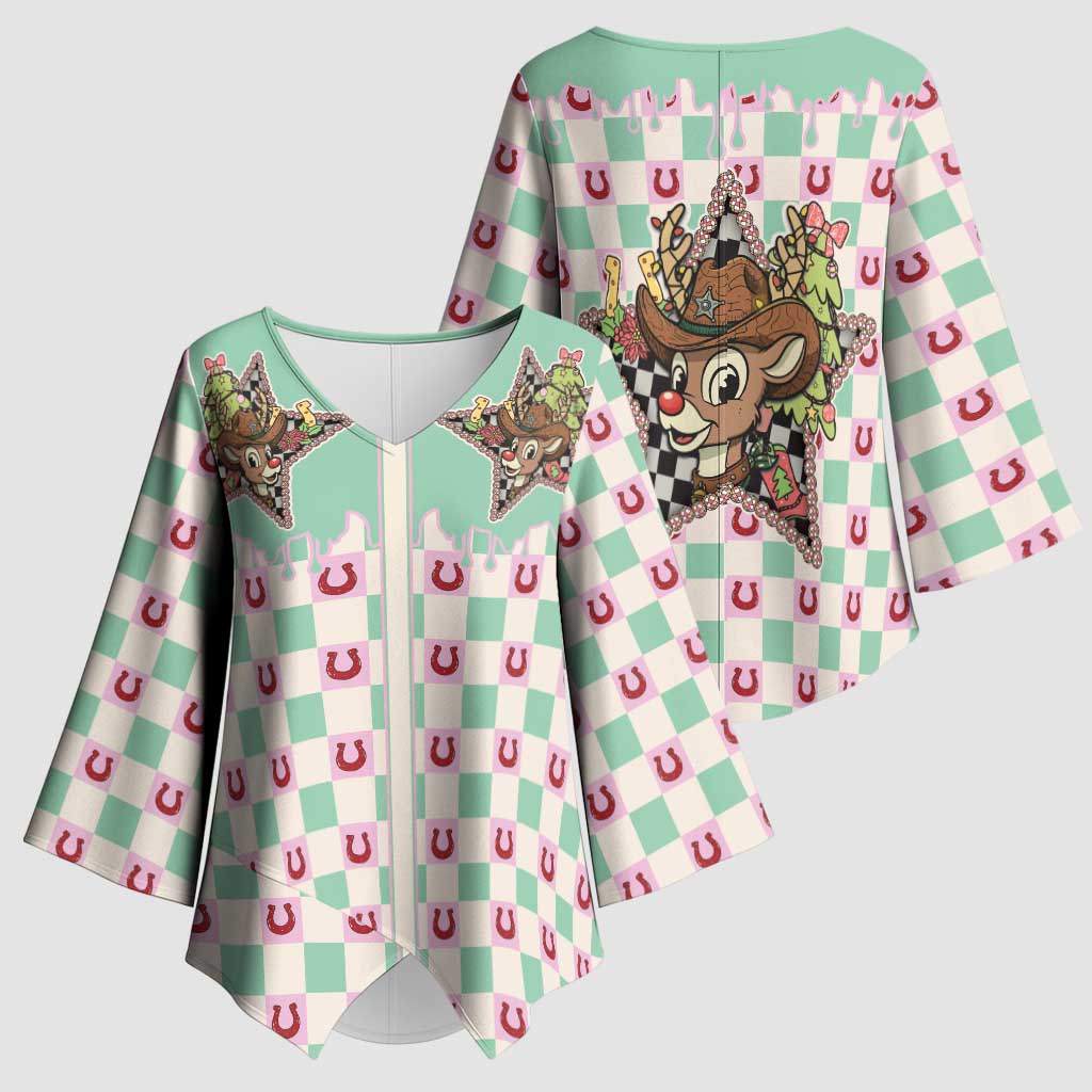 Western Yoke Kimono Sleeve Blouse Rudolph Cowboy Christmas Retro Style - Wonder Print Shop