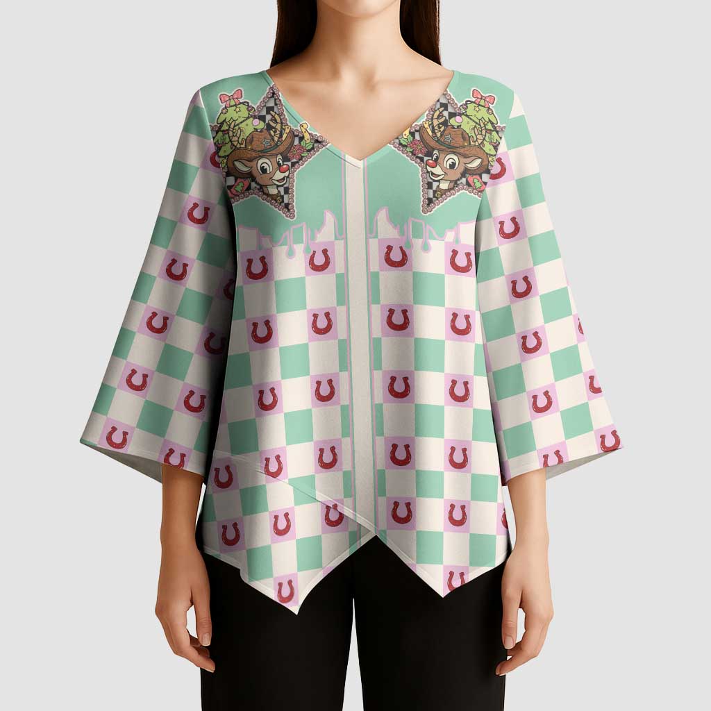 Western Yoke Kimono Sleeve Blouse Rudolph Cowboy Christmas Retro Style - Wonder Print Shop