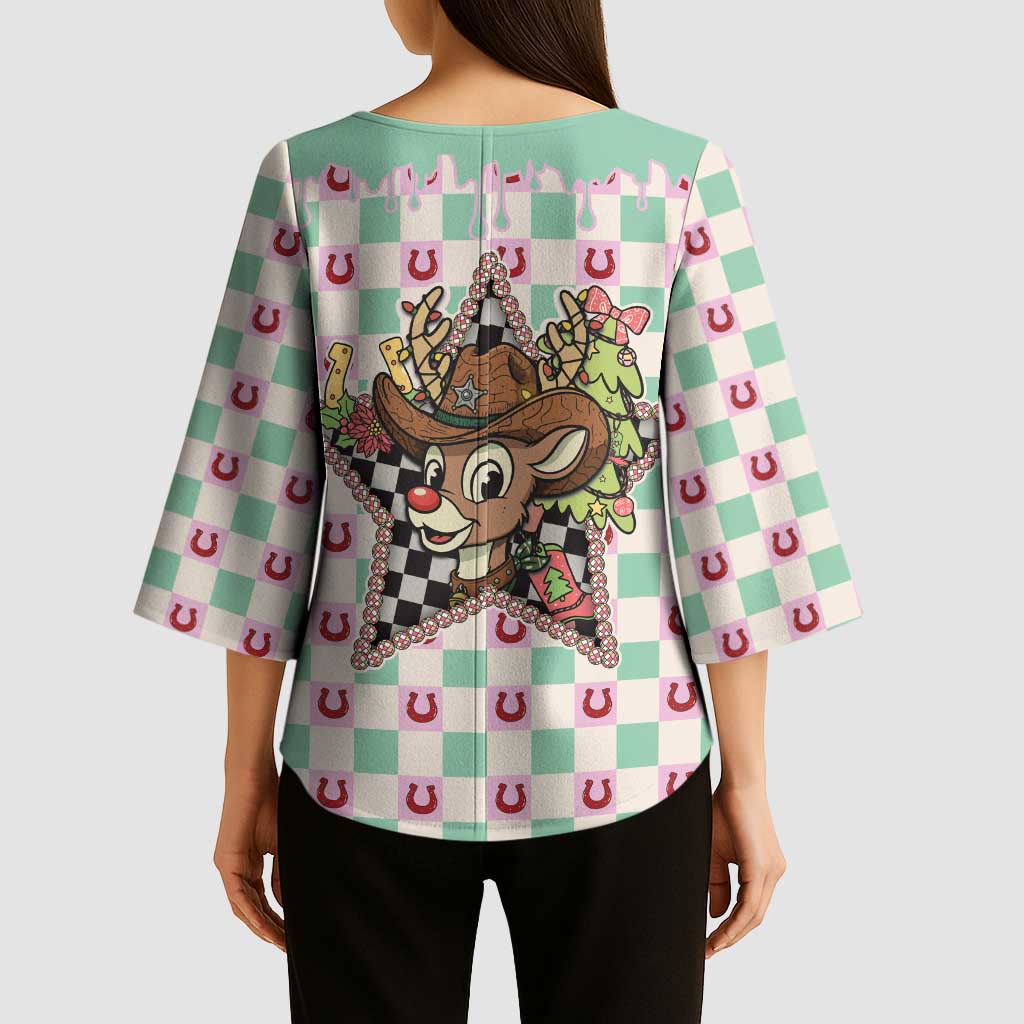 Western Yoke Kimono Sleeve Blouse Rudolph Cowboy Christmas Retro Style - Wonder Print Shop