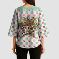 Western Yoke Kimono Sleeve Blouse Rudolph Cowboy Christmas Retro Style - Wonder Print Shop