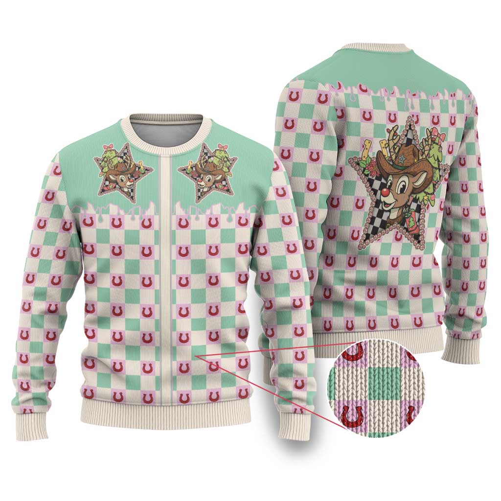 Western Yoke Ugly Christmas Sweater Rudolph Cowboy Christmas Retro Style - Wonder Print Shop