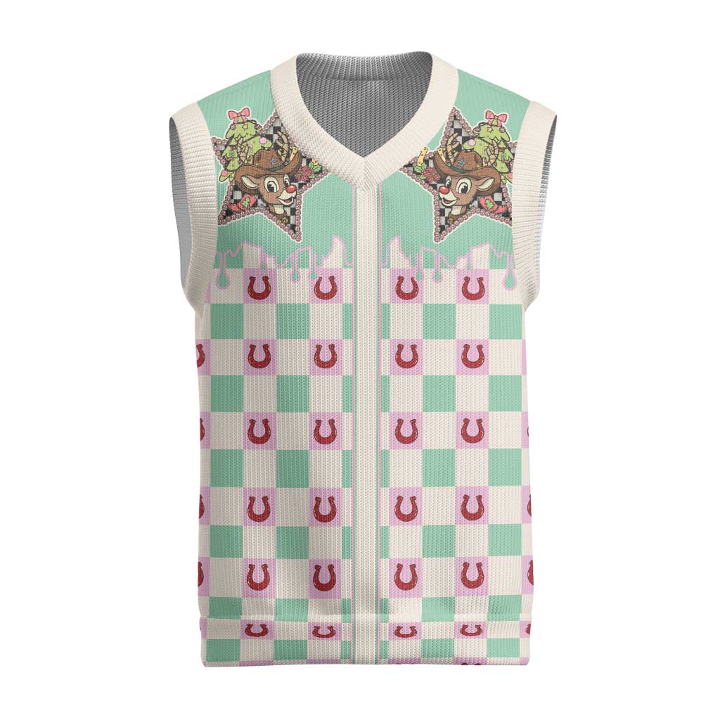 Western Yoke Christmas Knitted V-Neck Vest Rudolph Cowboy Christmas Retro Style - Wonder Print Shop