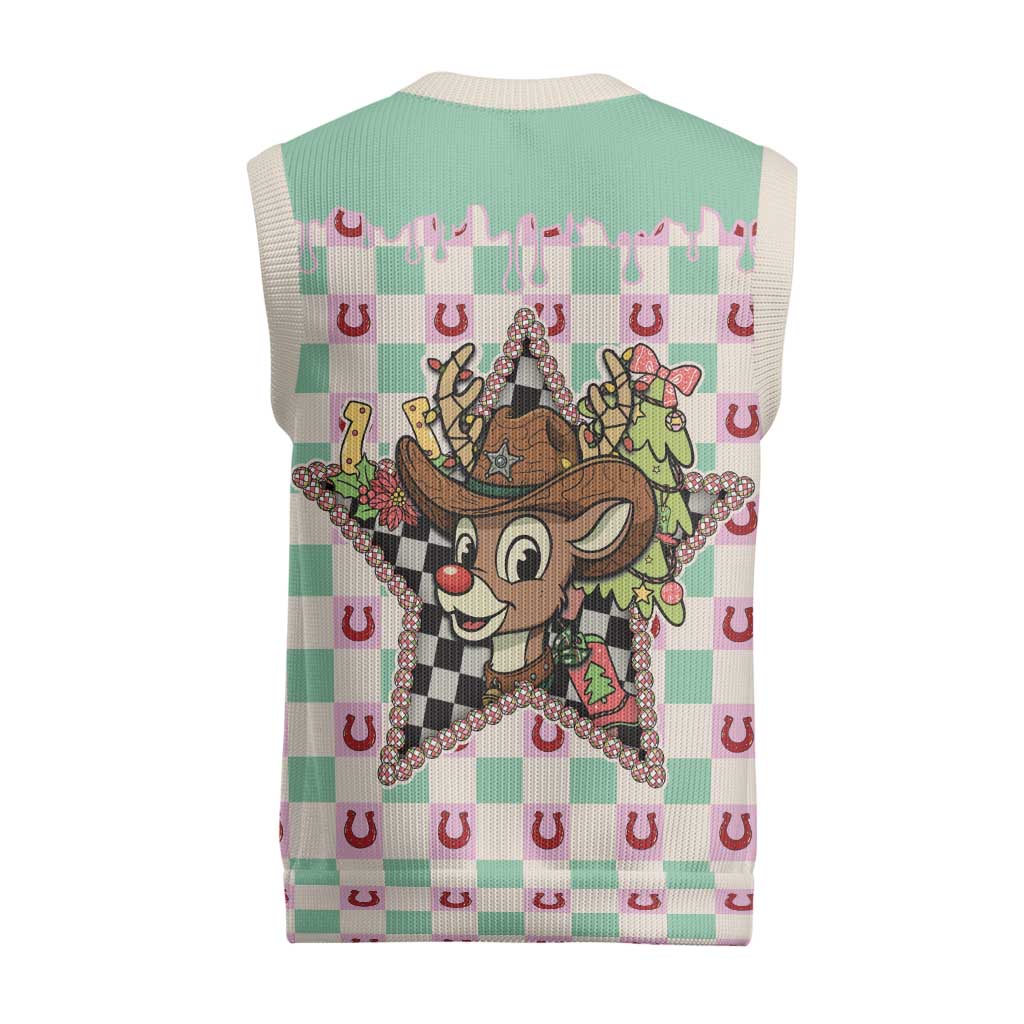 Western Yoke Christmas Knitted V-Neck Vest Rudolph Cowboy Christmas Retro Style - Wonder Print Shop