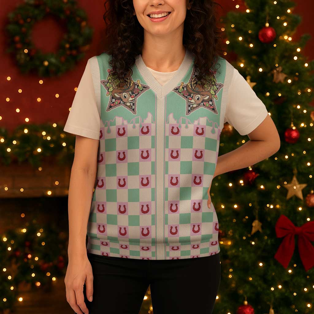 Western Yoke Christmas Knitted V-Neck Vest Rudolph Cowboy Christmas Retro Style - Wonder Print Shop