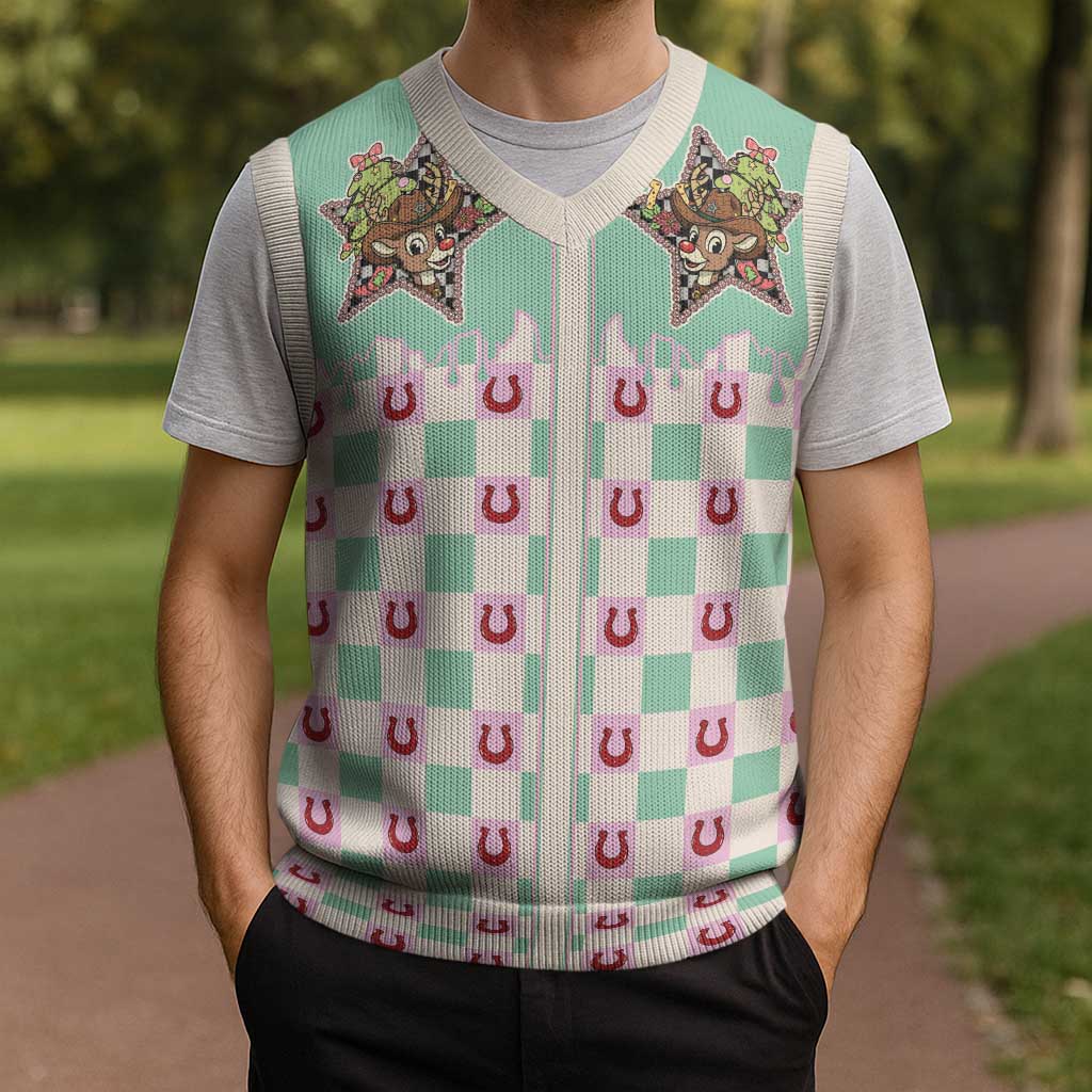 Western Yoke Christmas Knitted V-Neck Vest Rudolph Cowboy Christmas Retro Style - Wonder Print Shop