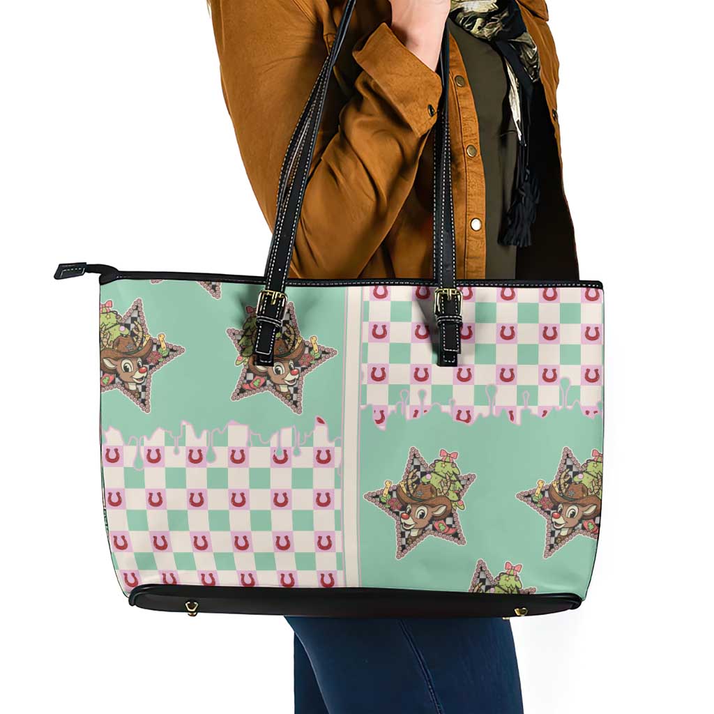 Western Yoke Leather Tote Bag Rudolph Cowboy Christmas Retro Style - Wonder Print Shop