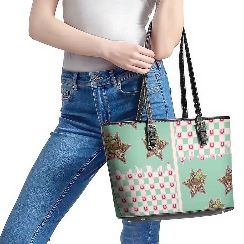 Western Yoke Leather Tote Bag Rudolph Cowboy Christmas Retro Style - Wonder Print Shop
