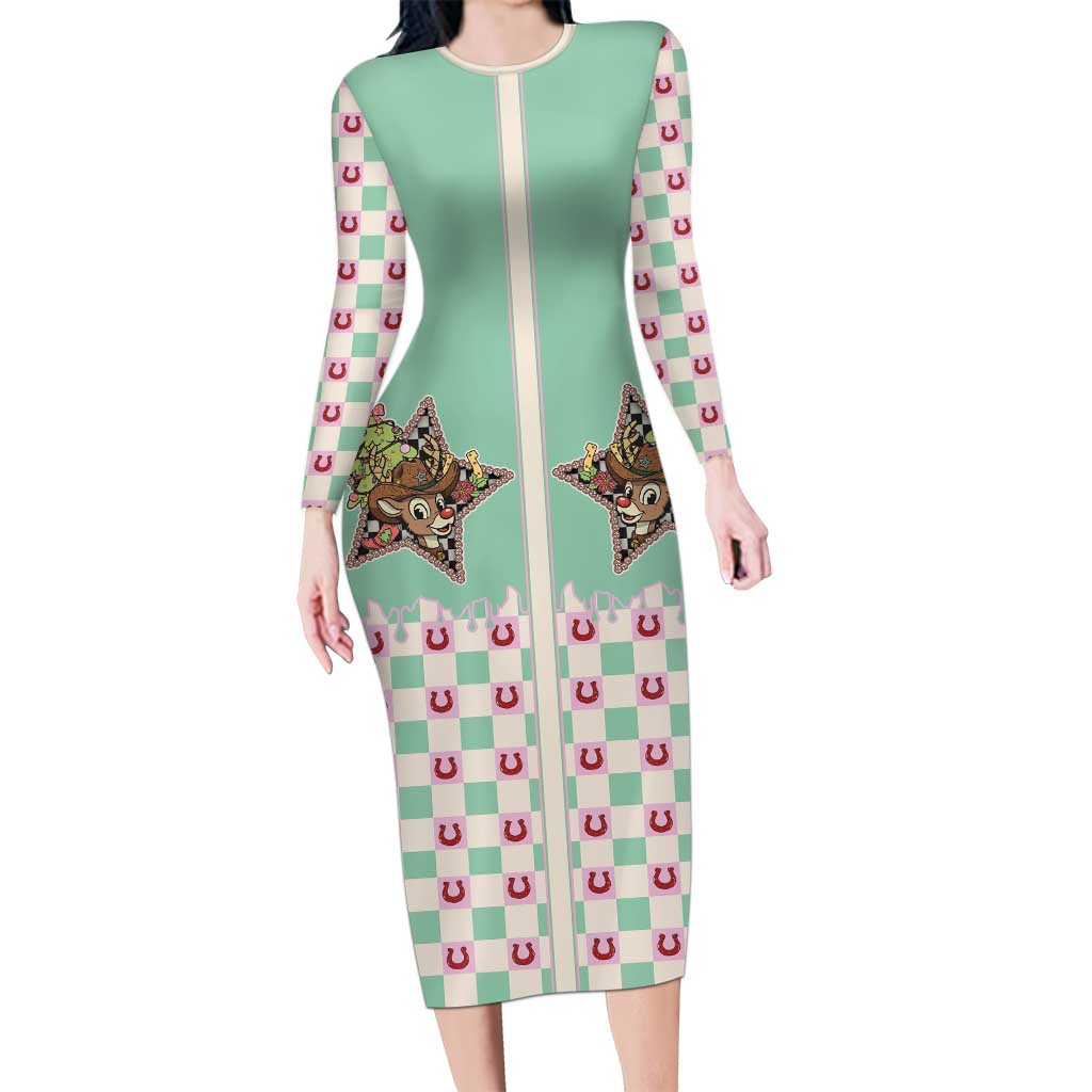Western Yoke Long Sleeve Bodycon Dress Rudolph Cowboy Christmas Retro Style - Wonder Print Shop