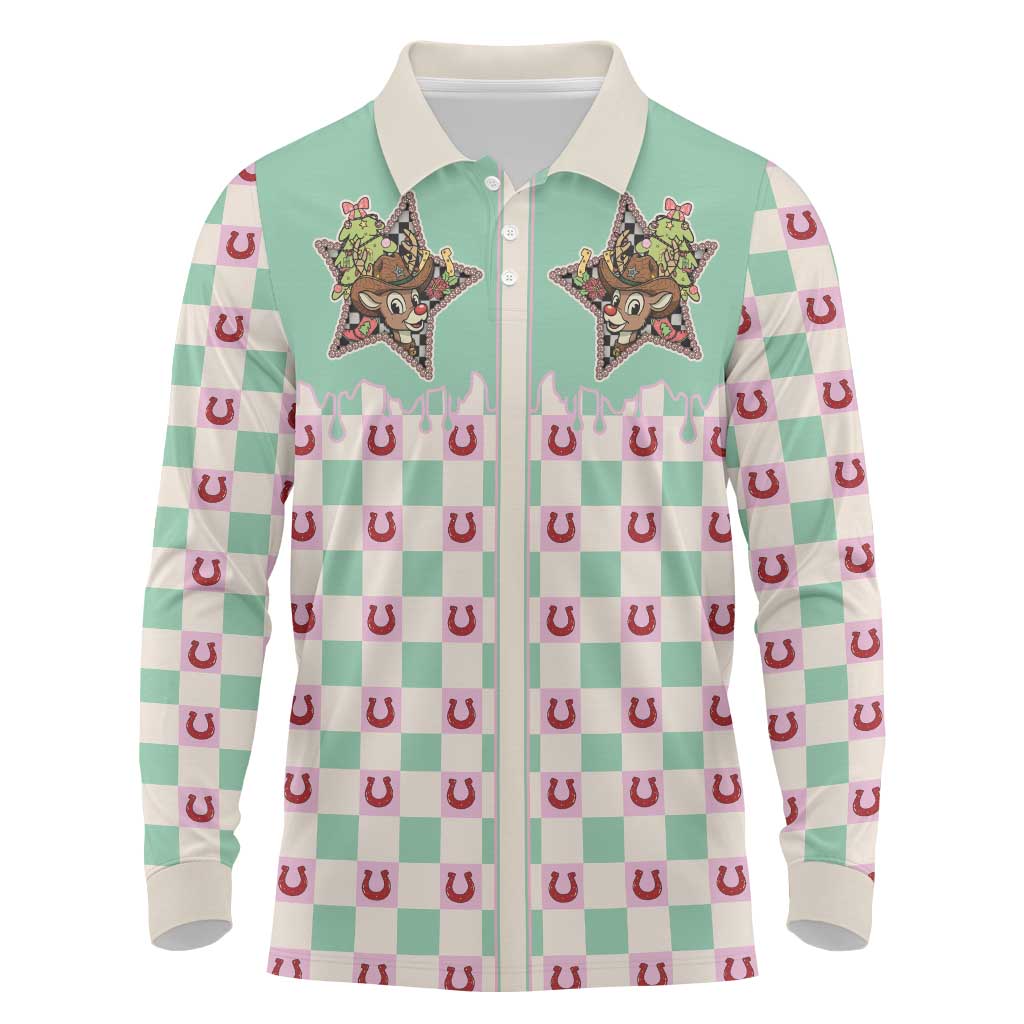 Western Yoke Long Sleeve Polo Shirt Rudolph Cowboy Christmas Retro Style - Wonder Print Shop
