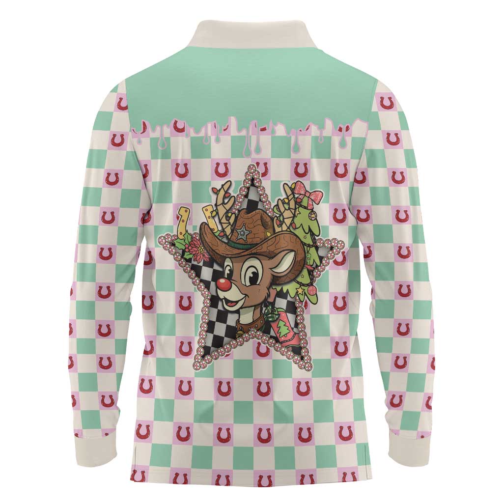 Western Yoke Long Sleeve Polo Shirt Rudolph Cowboy Christmas Retro Style - Wonder Print Shop