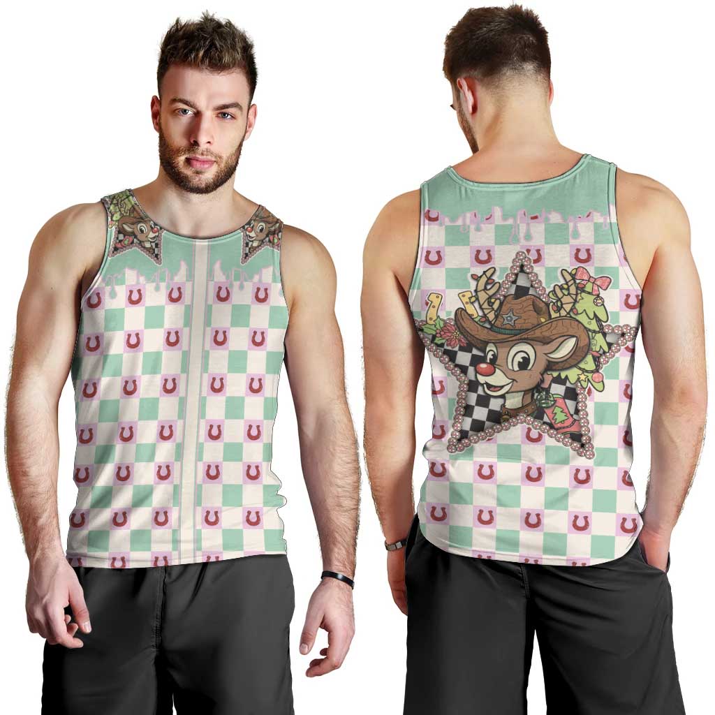 Western Yoke Men Tank Top Rudolph Cowboy Christmas Retro Style - Wonder Print Shop