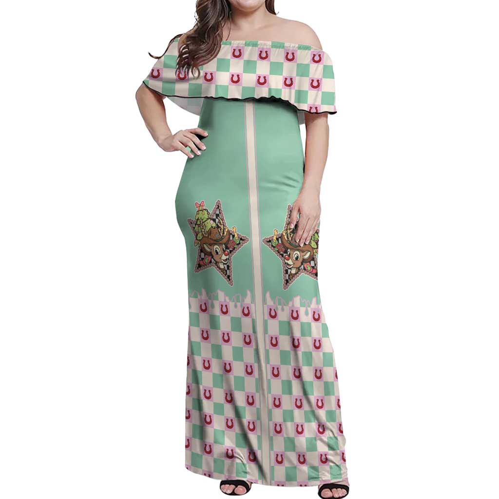 Western Yoke Off Shoulder Maxi Dress Rudolph Cowboy Christmas Retro Style - Wonder Print Shop