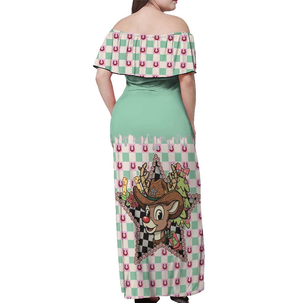 Western Yoke Off Shoulder Maxi Dress Rudolph Cowboy Christmas Retro Style - Wonder Print Shop