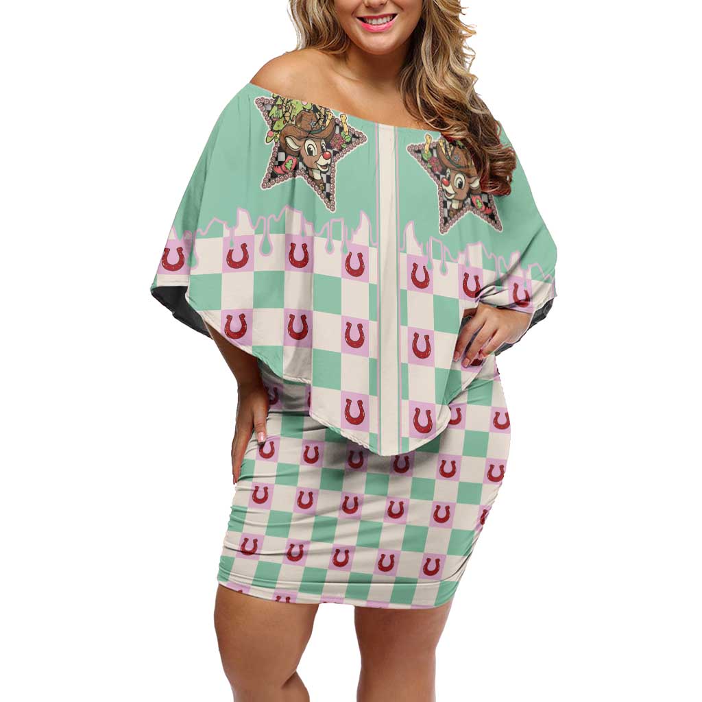 Western Yoke Off Shoulder Short Dress Rudolph Cowboy Christmas Retro Style - Wonder Print Shop