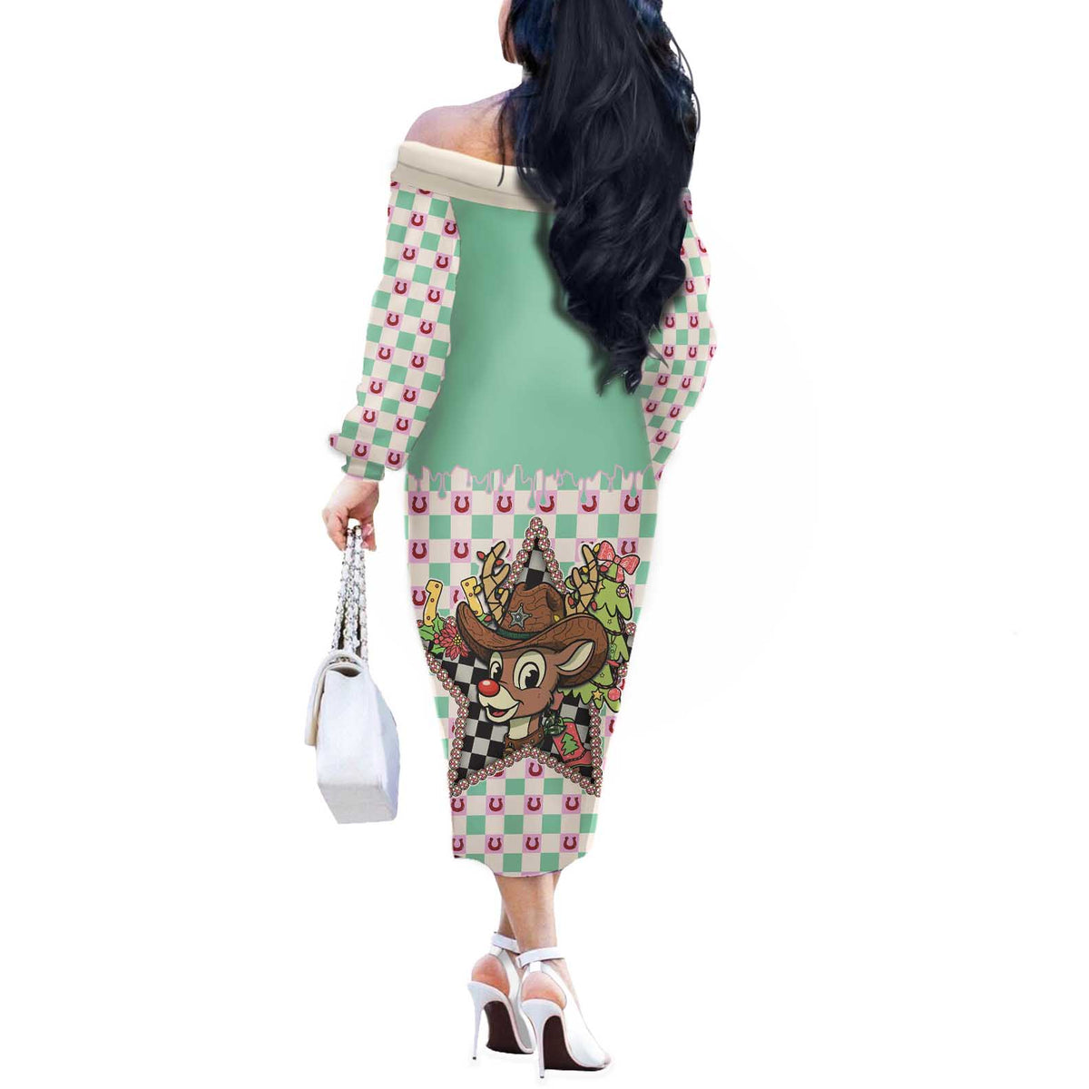 Western Yoke Off The Shoulder Long Sleeve Dress Rudolph Cowboy Christmas Retro Style - Wonder Print Shop