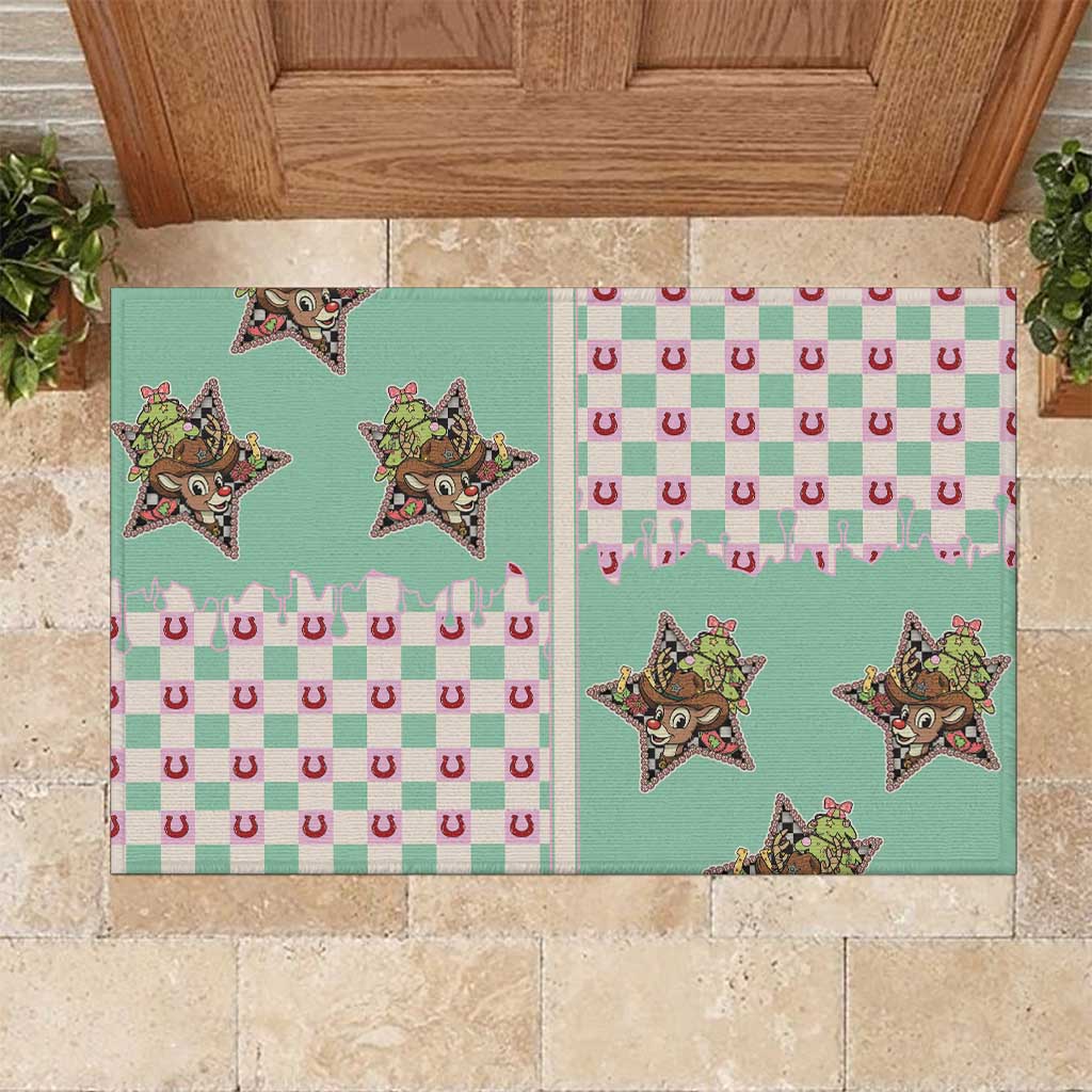 Western Yoke Rubber Doormat Rudolph Cowboy Christmas Retro Style - Wonder Print Shop