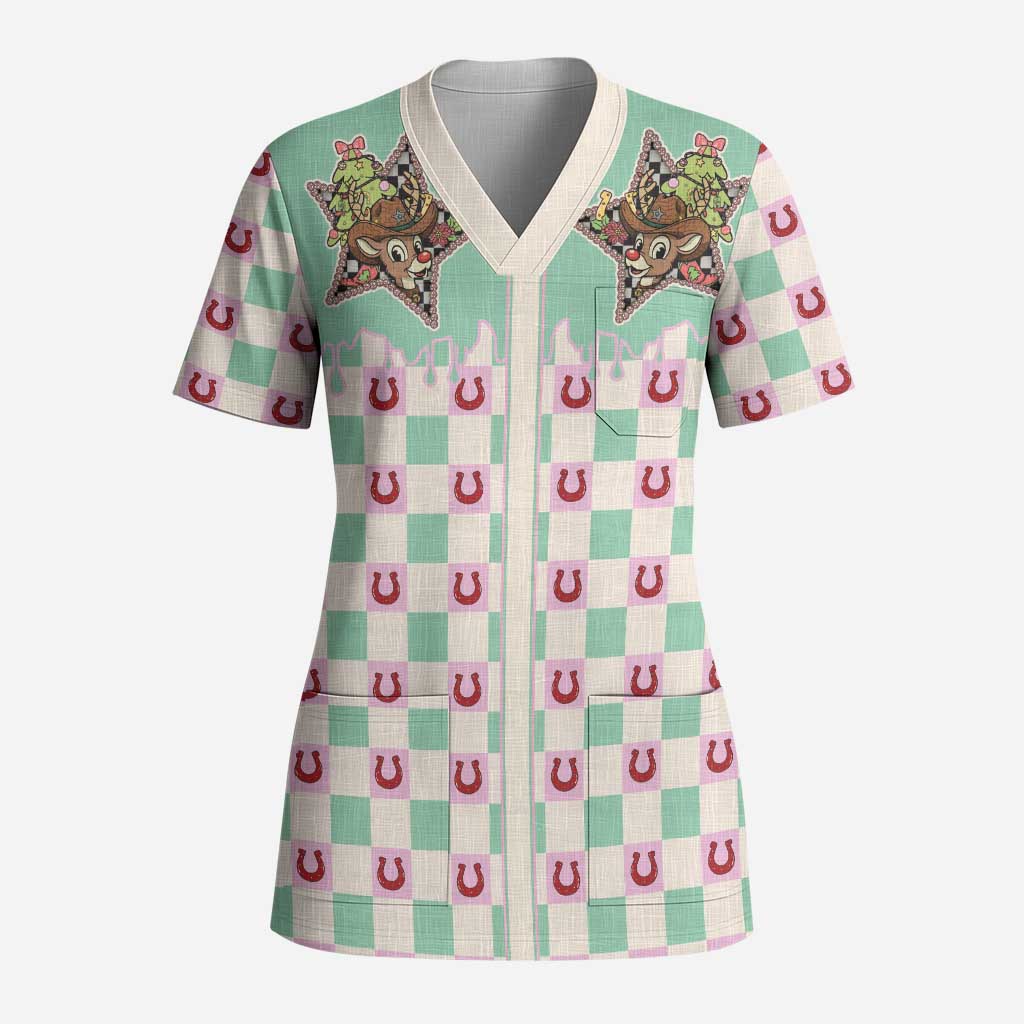 Western Yoke Scrub Top Rudolph Cowboy Christmas Retro Style - Wonder Print Shop