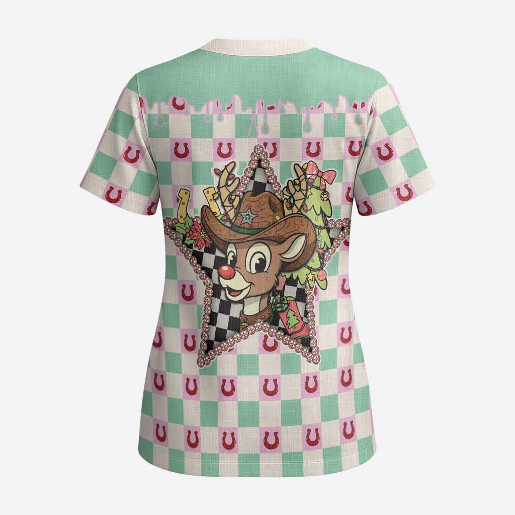 Western Yoke Scrub Top Rudolph Cowboy Christmas Retro Style - Wonder Print Shop