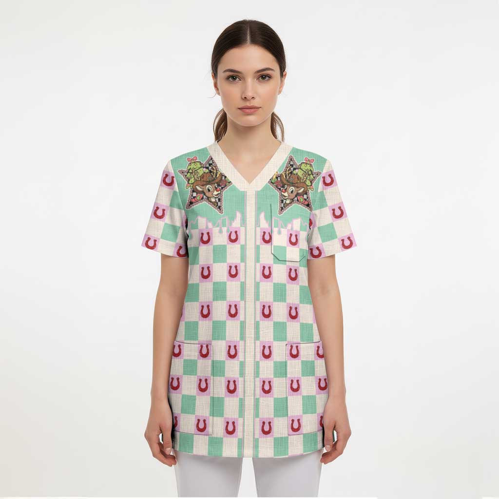 Western Yoke Scrub Top Rudolph Cowboy Christmas Retro Style - Wonder Print Shop