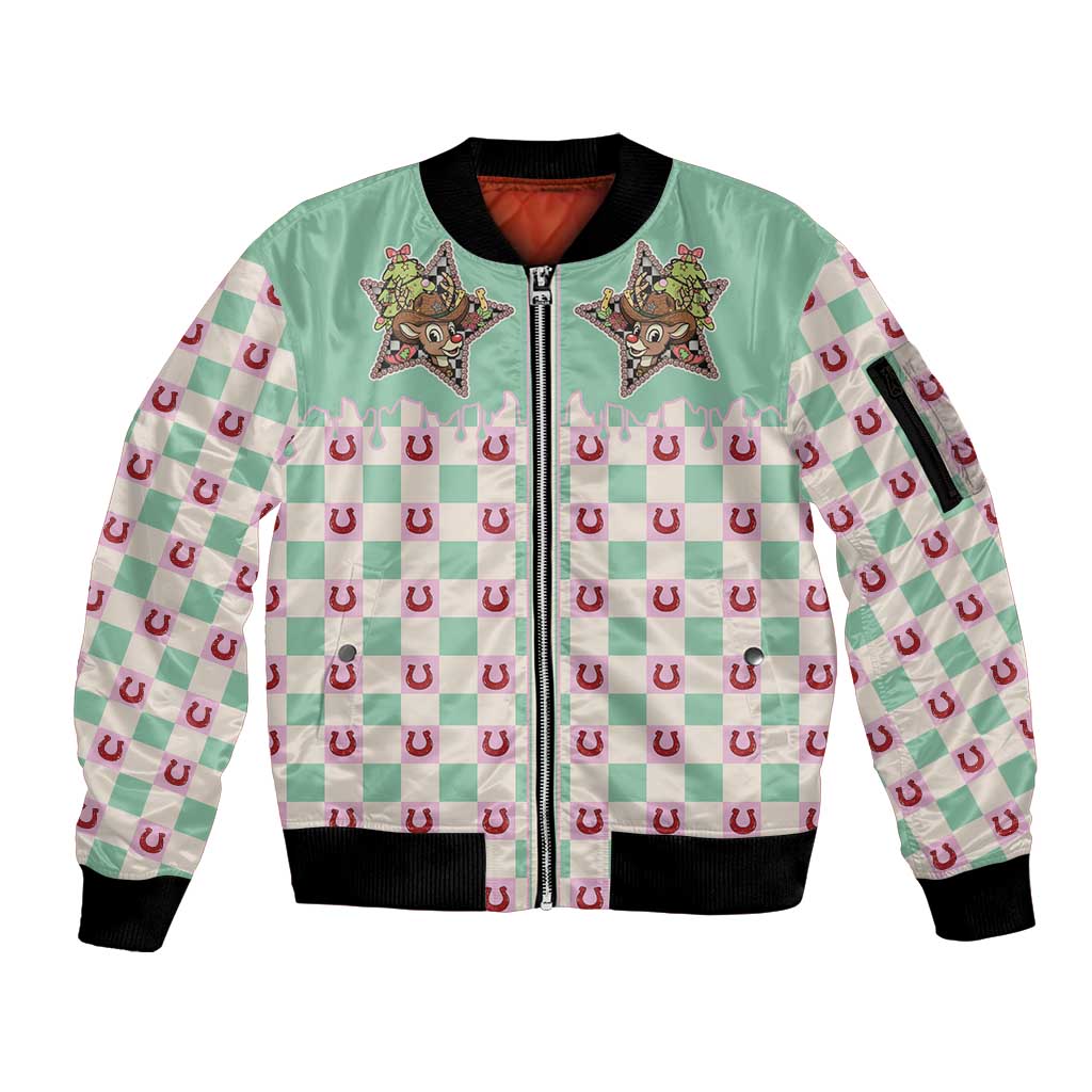 Western Yoke Sleeve Zip Bomber Jacket Rudolph Cowboy Christmas Retro Style - Wonder Print Shop